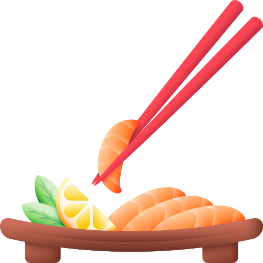 Illustration of a sashimi platter with sliced prawns, lemon wedges, and garnish, with chopsticks picking up a piece.