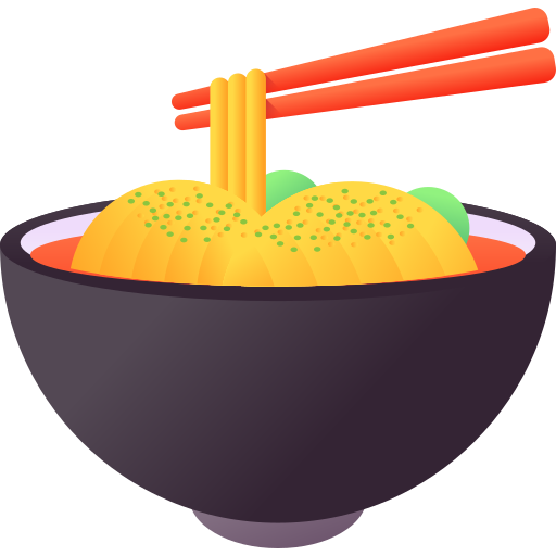 Illustration of a steaming bowl of ramen noodles in a black bowl, topped with vegetables and chopsticks resting on top.