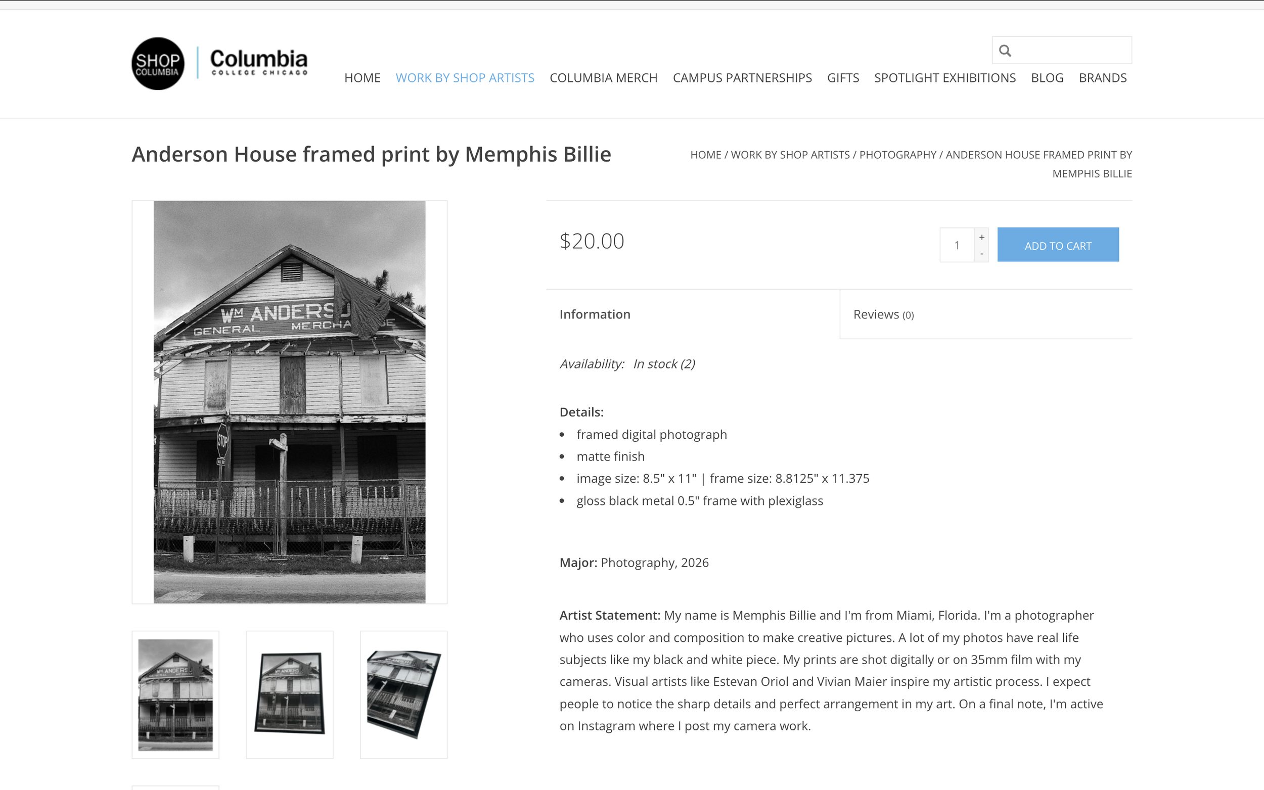 Shop Columbia Page For Anderson House Print by Memphis Billie. Print size of 8.5 x 11 and exhibited in monochromatic style. Available to purchase a copy with shop link.