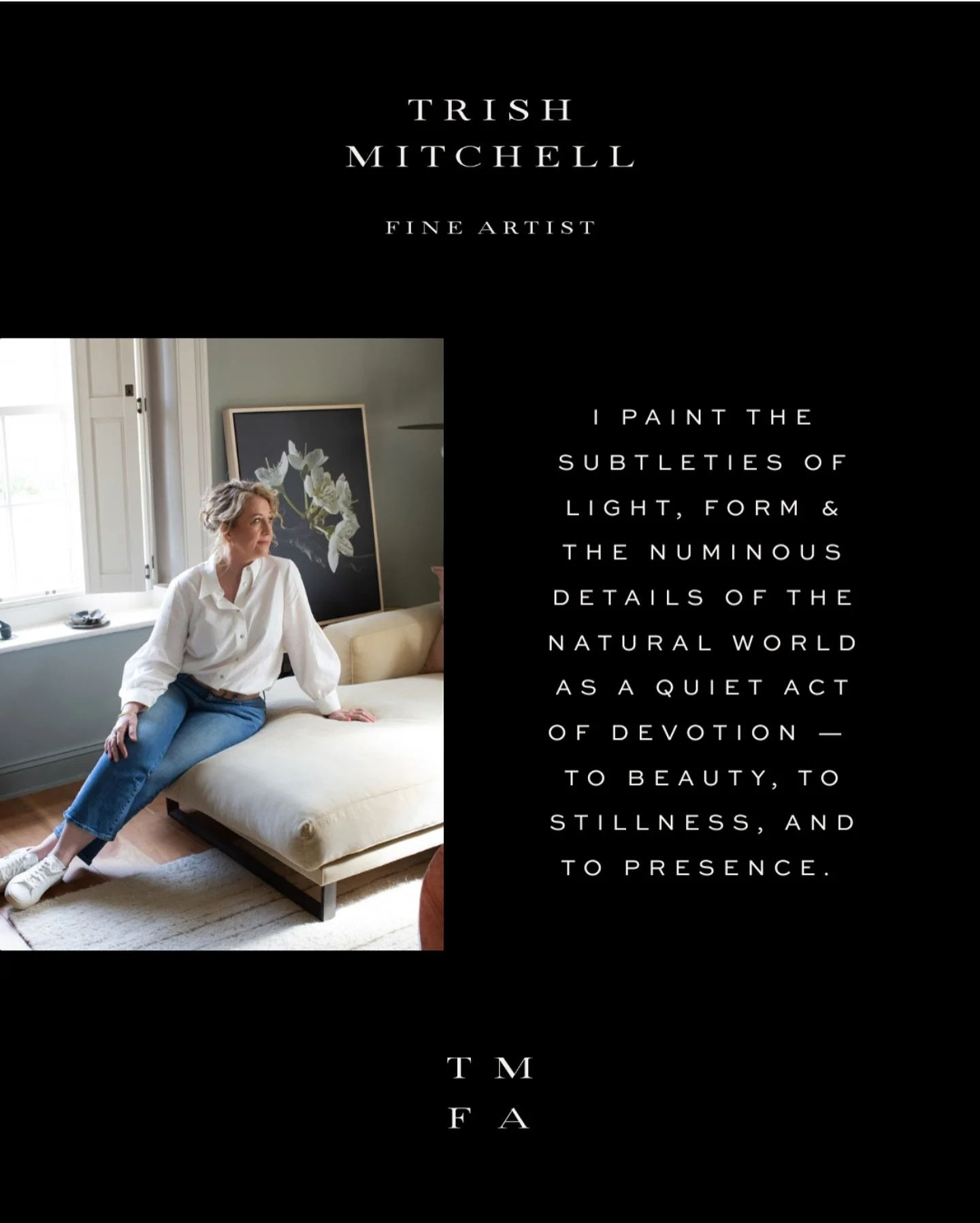 Welcome! I&rsquo;m Trish Mitchell &mdash; a realist painter working in oil on linen, based in the beautiful Cotswolds in the UK 🌿. My practice is grounded in classical craft and shaped by a modern, emotionally resonant sensibility.

I paint florals 