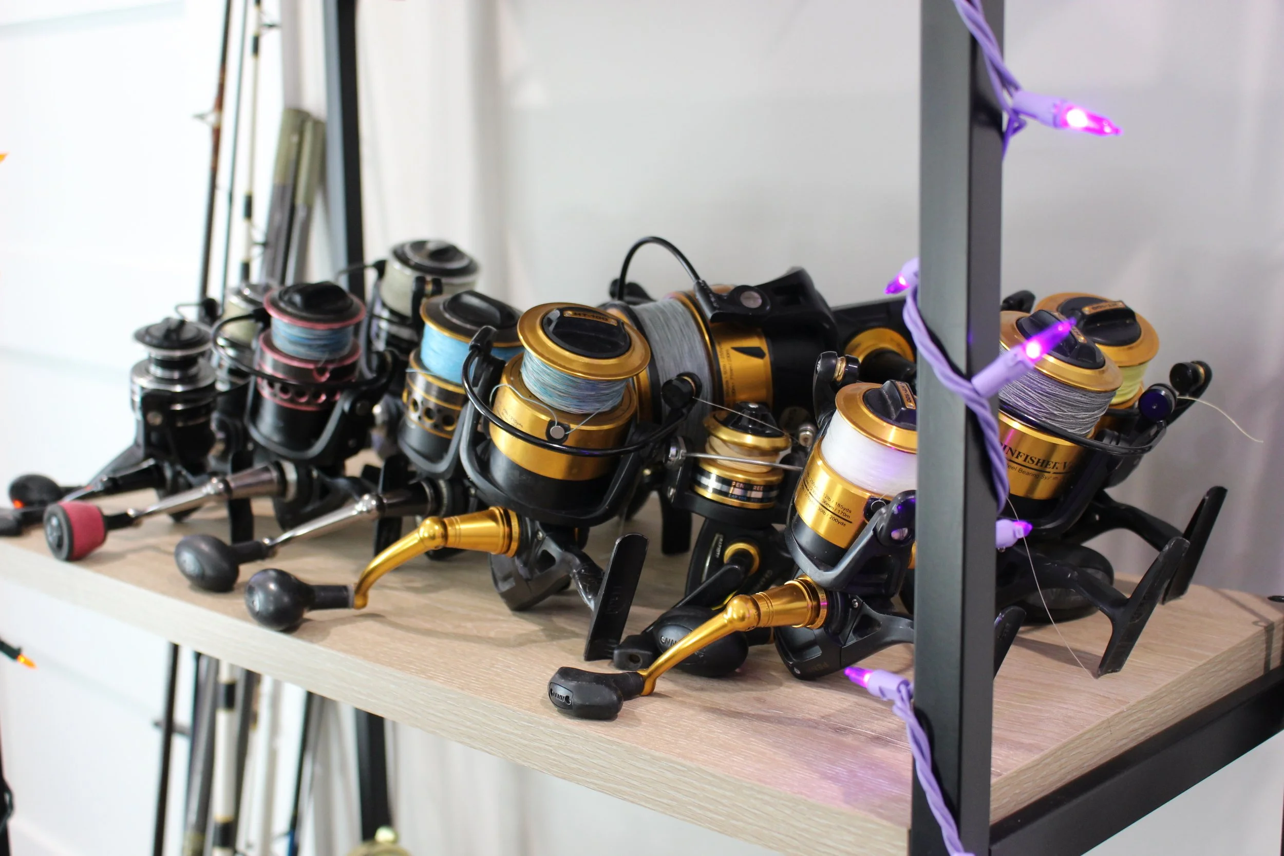 Multiple fishing reels with fishing lines on a wooden shelf near a metal frame with purple string lights