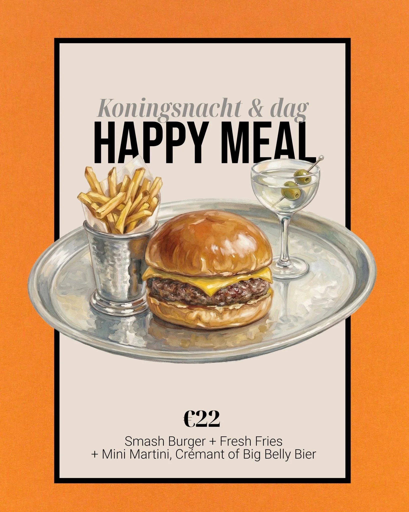 Koningsdag &amp; nacht - 𝙃𝙖𝙥𝙥𝙮 𝙈𝙚𝙖𝙡! Voor 𝟮𝟮,- krijg je onze O.G. Smash Burger met Fresh Fries, en in plaats van een speeltje kies je uit een mini martini, Cr&eacute;mant d'Alsace of een Big Belly Biertje. 🍺✨
Drie werf hoezee voor Koning 