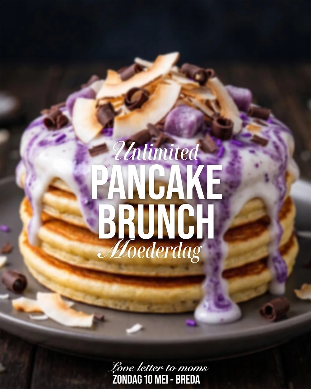 Na het grote succes met Pasen (1500+ pancakes gemaakt!) zijn we klaar voor Moederdag.
❤️ Moederdag 𝘀𝗽𝗲𝗰𝗶𝗮𝗹: Coconut Ube Bounty Pancake ❤️ Tropisch, romig, paars en best wel pretty.

Koop je tickets nu: www.bigbellybar.nl

Goed om te weten:
- &