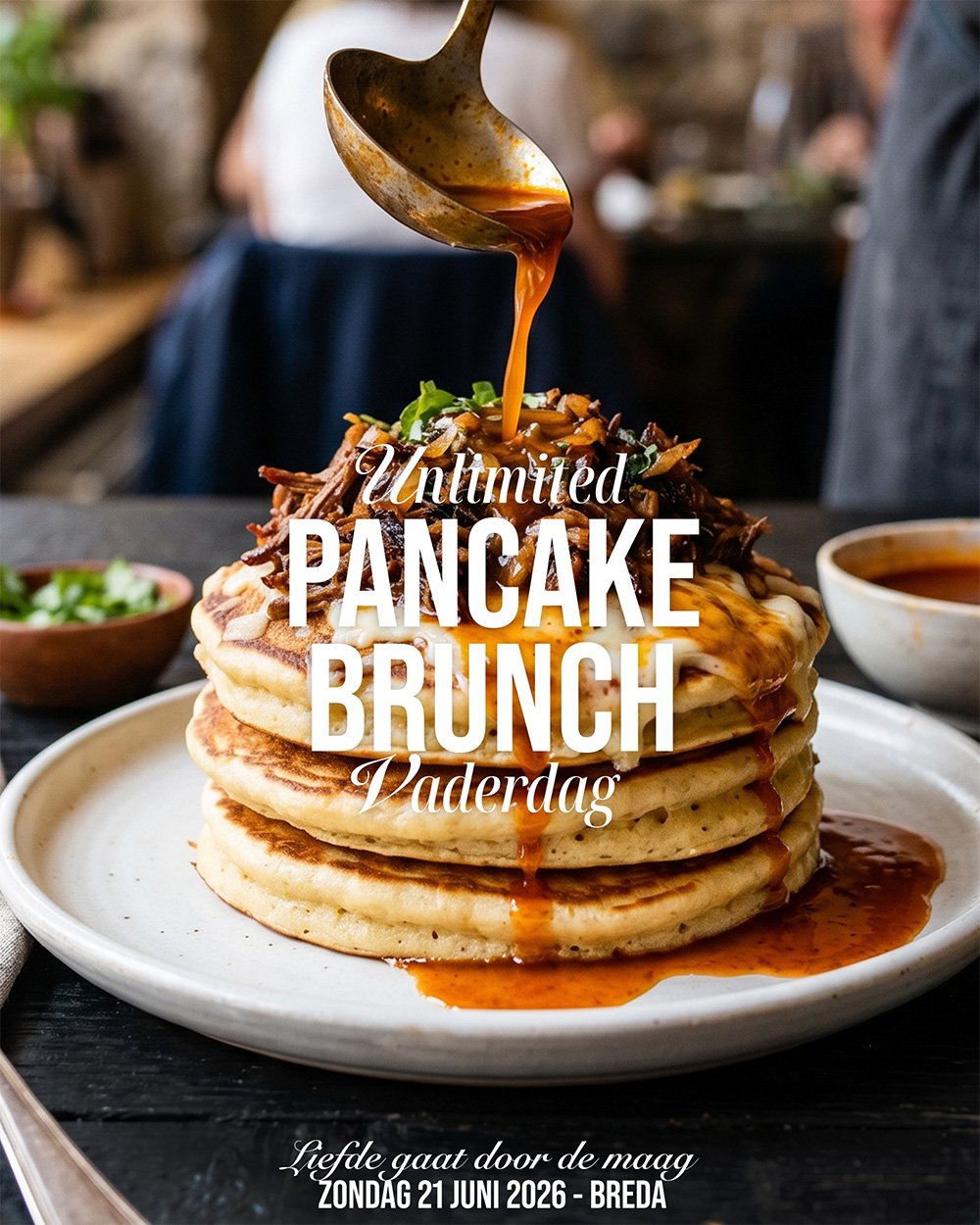 Moederdag was weer top, nu zijn de vaders aan de beurt!
❤️ Vaderdag 𝘀𝗽𝗲𝗰𝗶𝗮𝗹: Ox Cheek Birria Pancake ❤️ 

Koop je tickets nu: www.bigbellybar.nl

Goed om te weten:
- &euro;22,50 p.p.
- T/m 10 jaar: &euro;10 p.p.
- T/m 2 jaar: gratis
- Unlimite