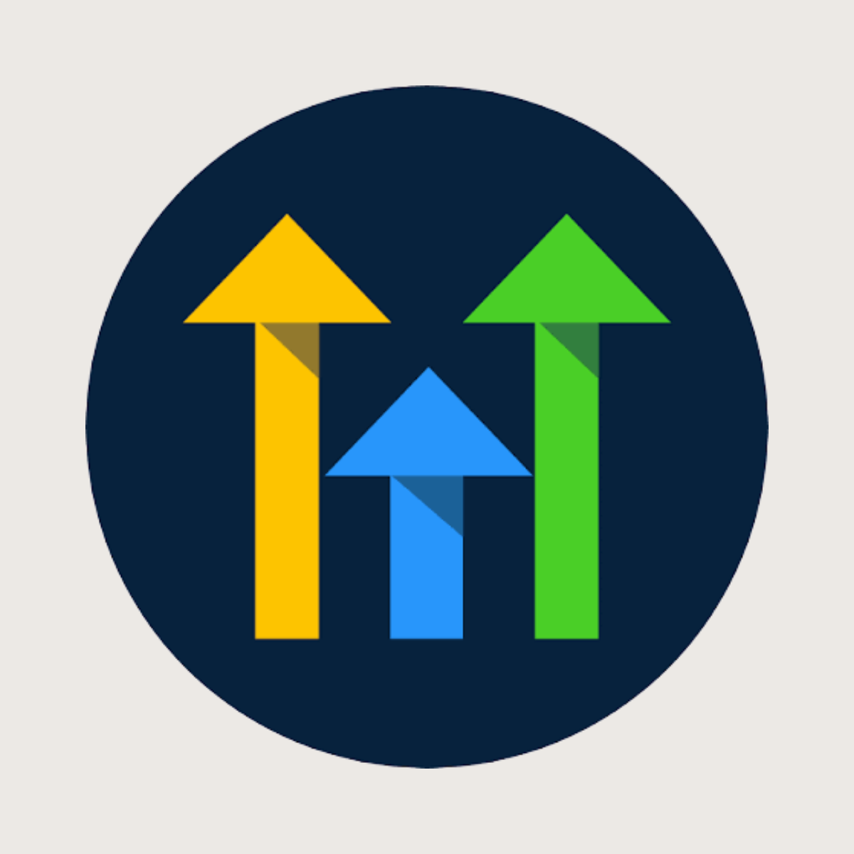 GoHighLevel logo representing the all-in-one CRM, marketing, and automation platform recommended by Kendra Harris, featuring three upward-pointing arrows in yellow, blue, and green on a dark navy circular background.