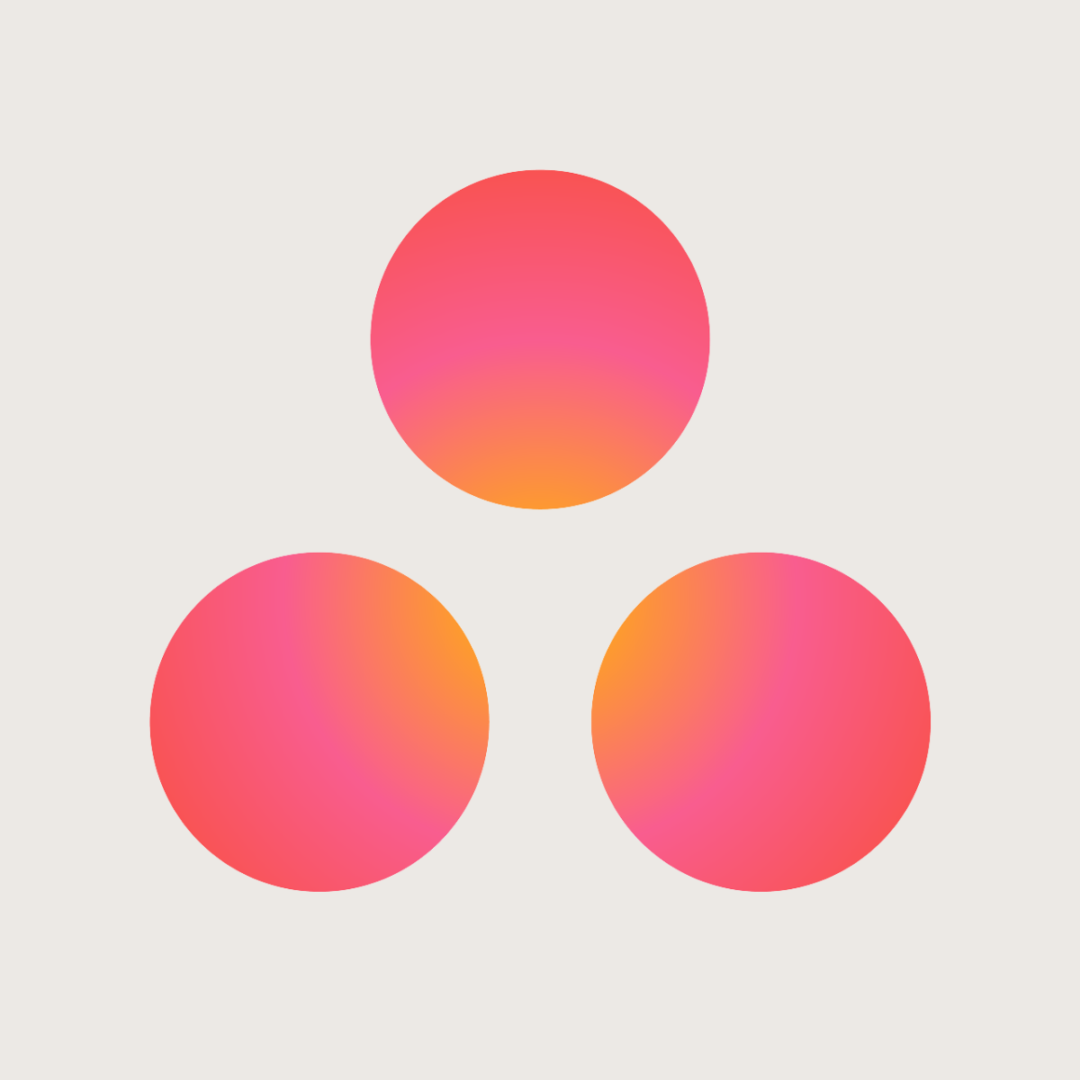 Asana logo representing the work management and project management platform recommended by Kendra Harris, featuring three pink-to-orange gradient circles arranged in a triangular pattern on a light neutral background.