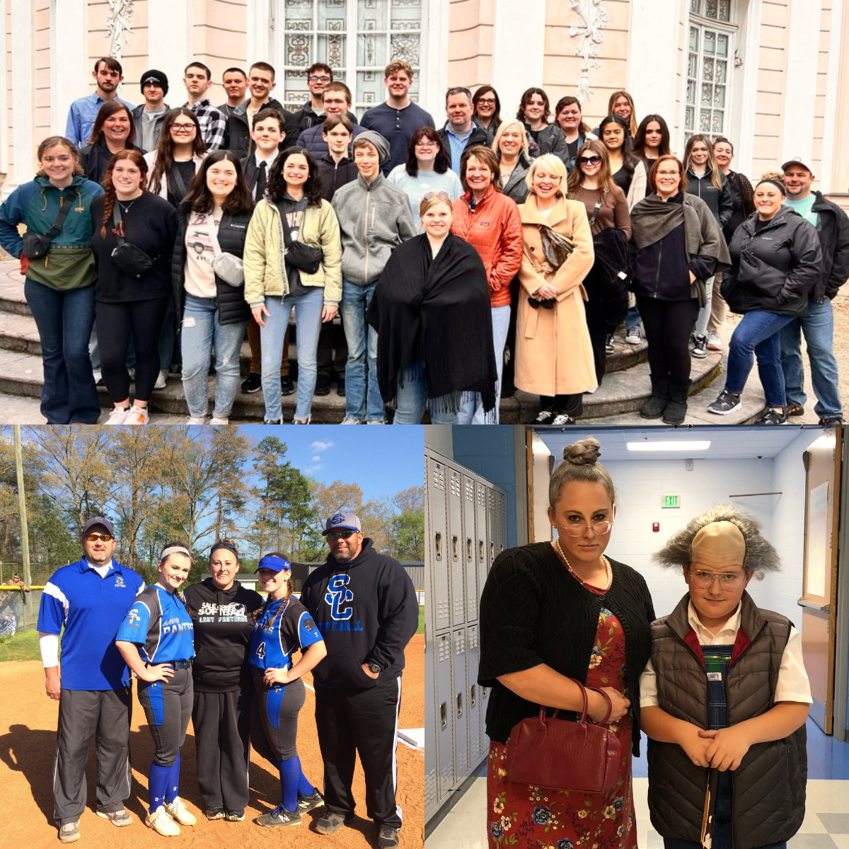 Collage of three photos showing school activities. The top image features a large group of students. The bottom left show softball players. The bottom shows Kendra Harris dressed as an old lady with a student.