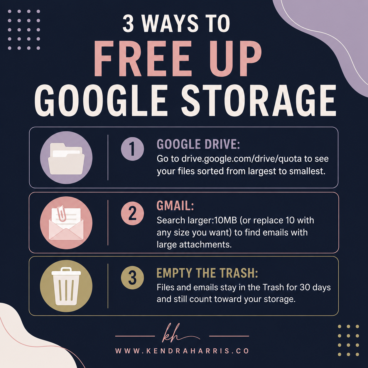 Info graphic titled "3 Ways to Free Up Google Storage" with 3 ideas including, checking your Google Drive, your Gmail account, and empty the trash created by Kendra Harris.Co