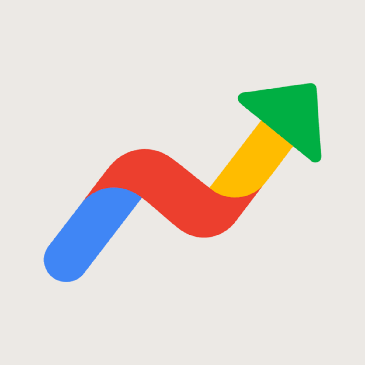 Google Trends logo representing the search trends and keyword research platform recommended by Kendra Harris, featuring a multicolored upward-trending graph with a green arrow on a light neutral background.