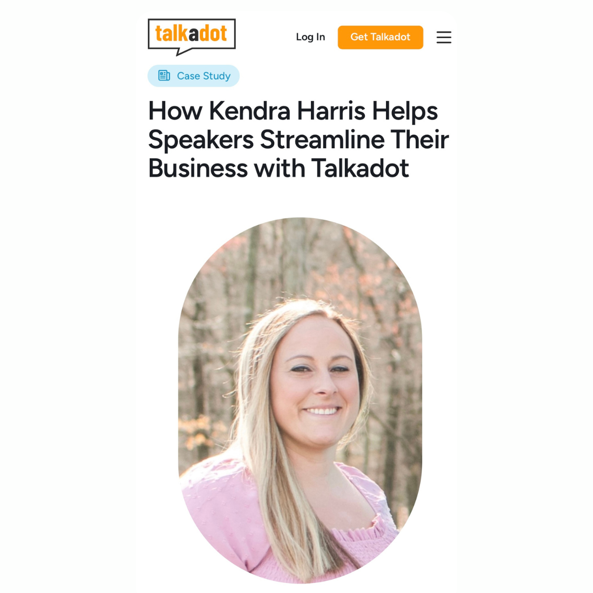 Kendra Harris, Online Business Manager and operations strategist, featured in a Talkadot case study for helping professional speakers streamline booking, systems, and backend workflows.