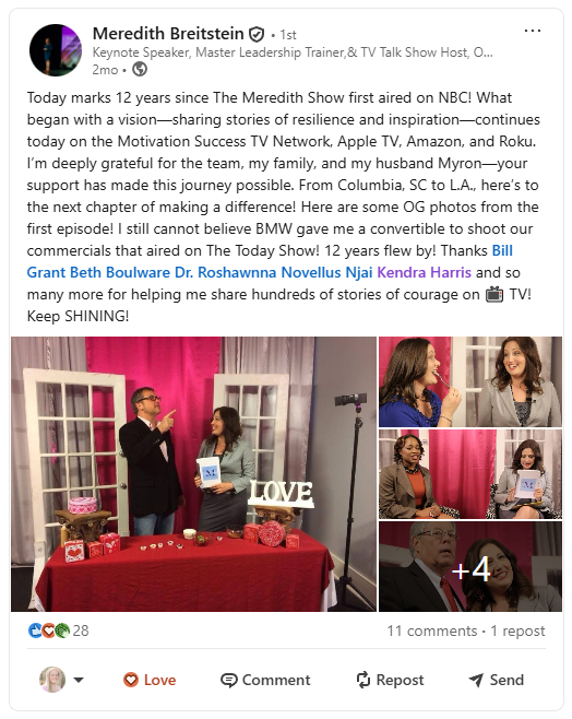 A social media post celebrating the 12 year anniversary of The Meredith Show, featuring a collage of behind-the-scene studio photos. The images show the host interviewing guest in the studio. Text expressing gratitude including Kendra Harris