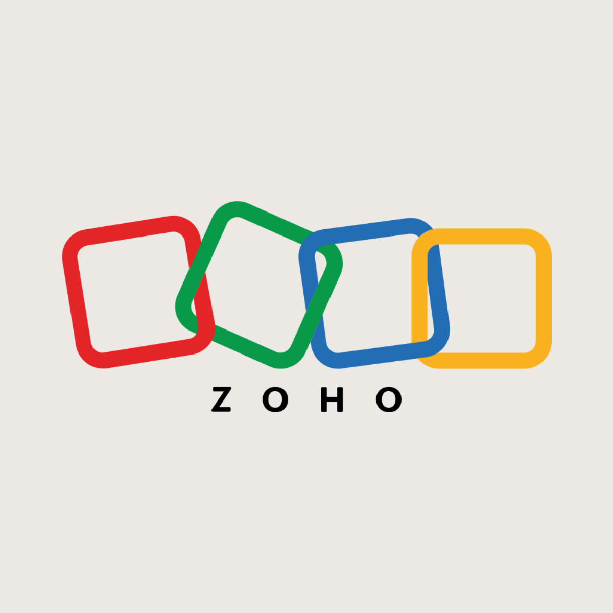 Zoho logo representing the CRM and business software platform recommended by Kendra Harris, featuring four overlapping red, green, blue, and yellow outlined squares with the Zoho wordmark below on a light neutral background.