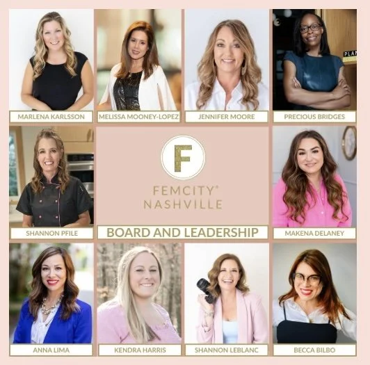 FemCity Nashville board and leadership team featuring Kendra Harris, Finance Chair, alongside fellow women leaders supporting heart-centered women’s networking and business growth in Nashville.