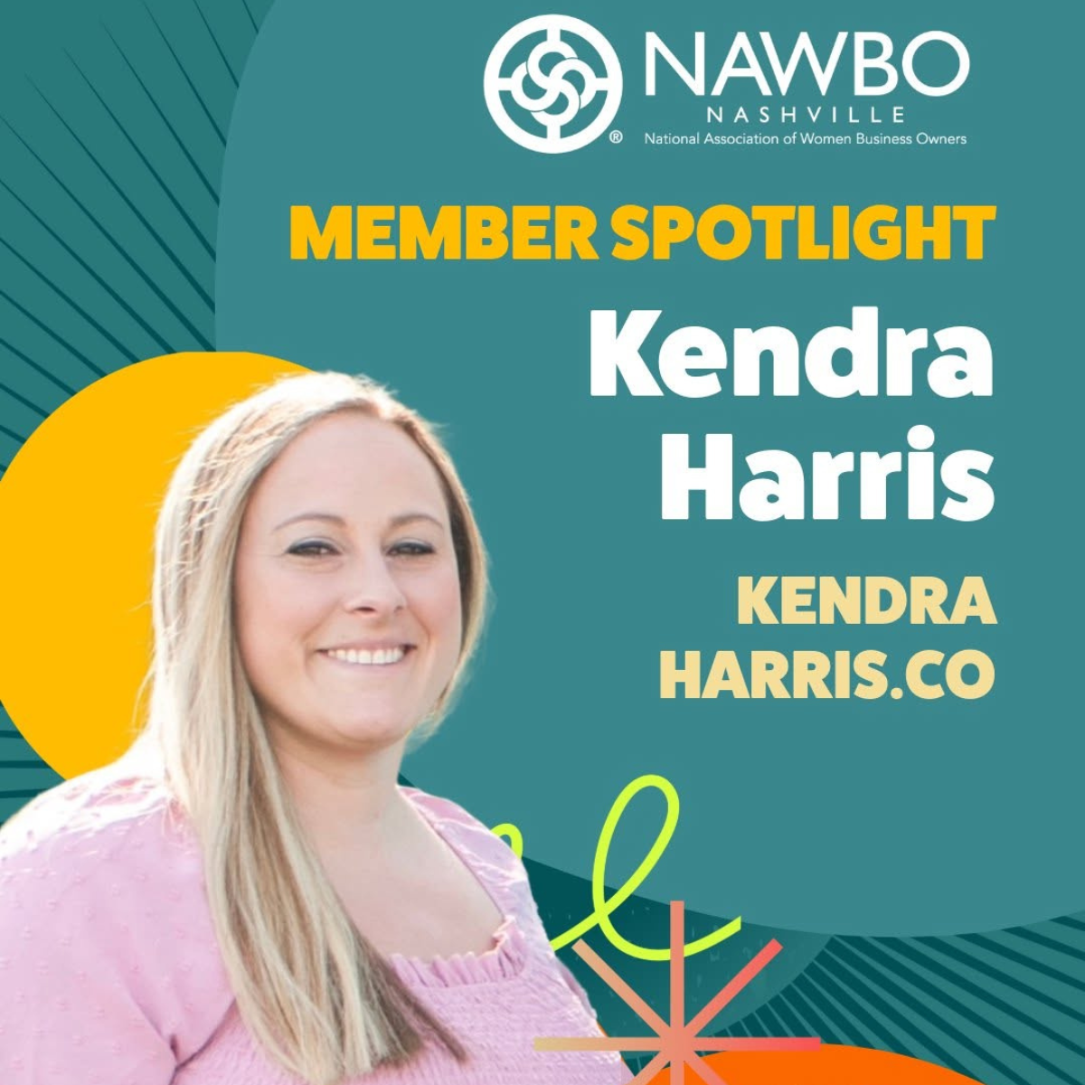 Kendra Harris, Online Business Manager and founder of KendraHarris.co, featured in a NAWBO Nashville Member Spotlight for leadership, operations strategist, and business systems expertise.