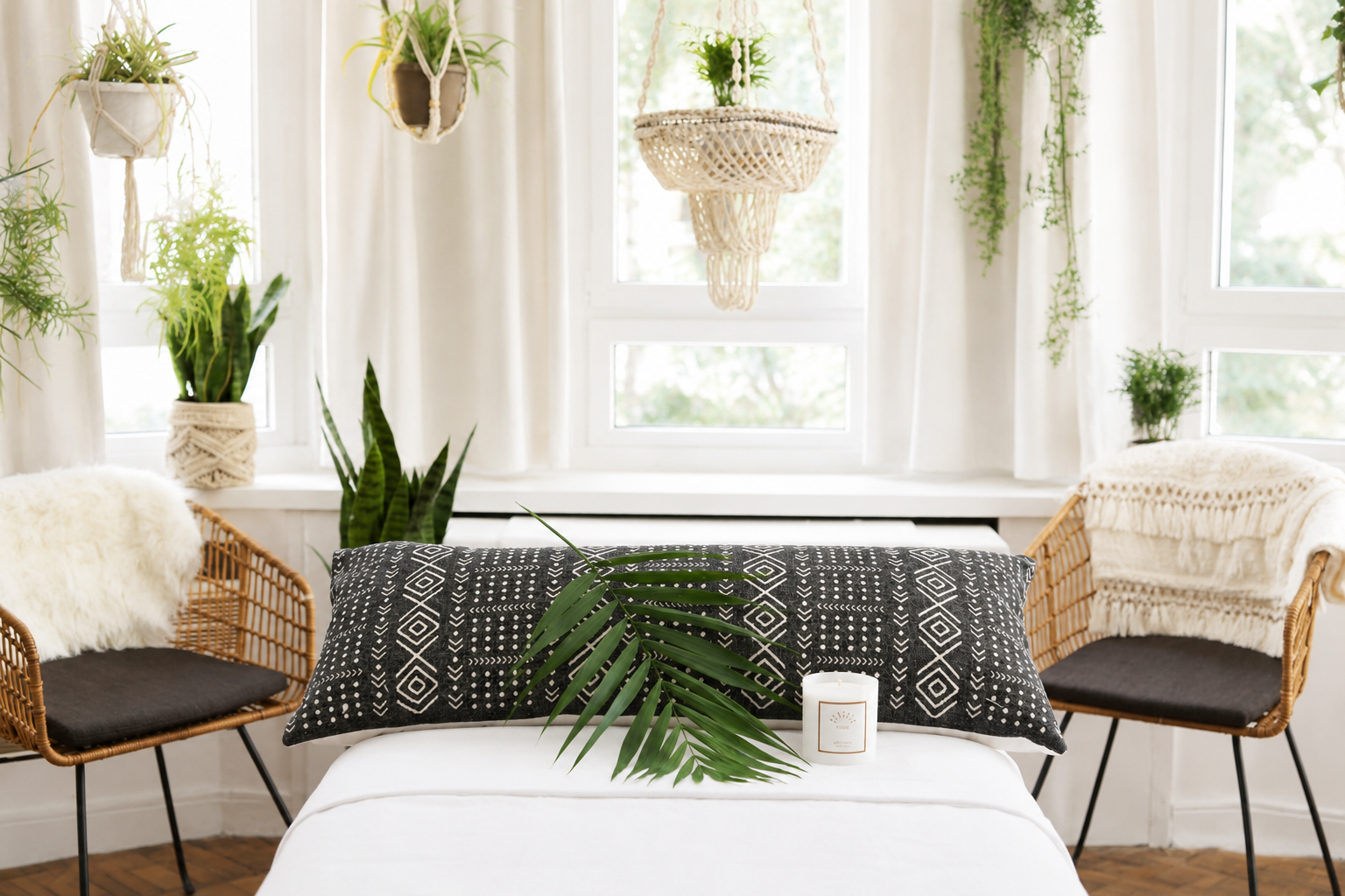 Living room with boho decor, including wicker chairs with cushions, potted plants, hanging planters, a black and white patterned pillow, and a white candle on a bed or sofa near a large window.