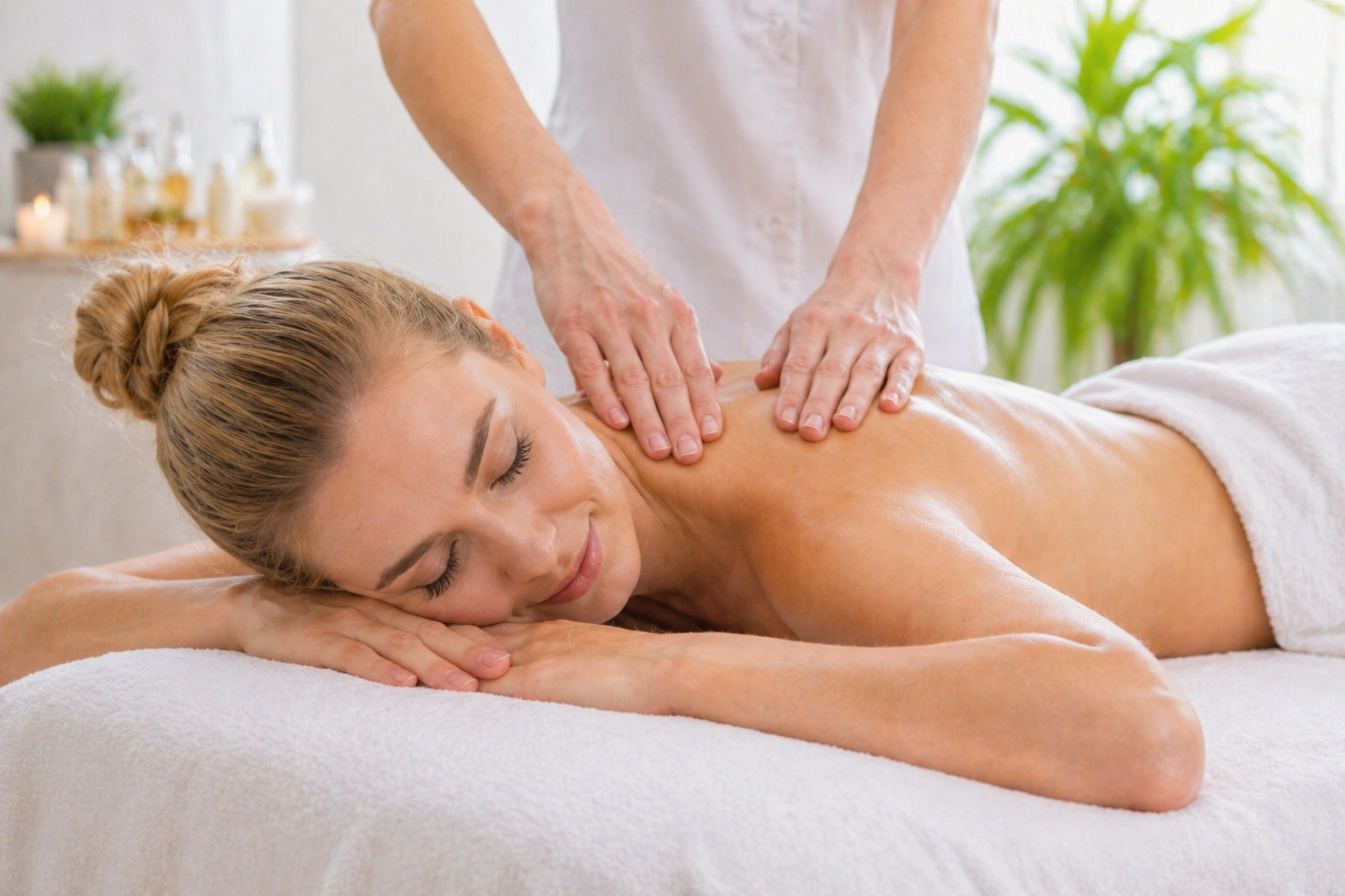 A minimalist indoor space with wooden flooring, white walls, and several potted plants, including a tall palm and a large leafy plant on a stool near the window, along with a beige lounge chair.