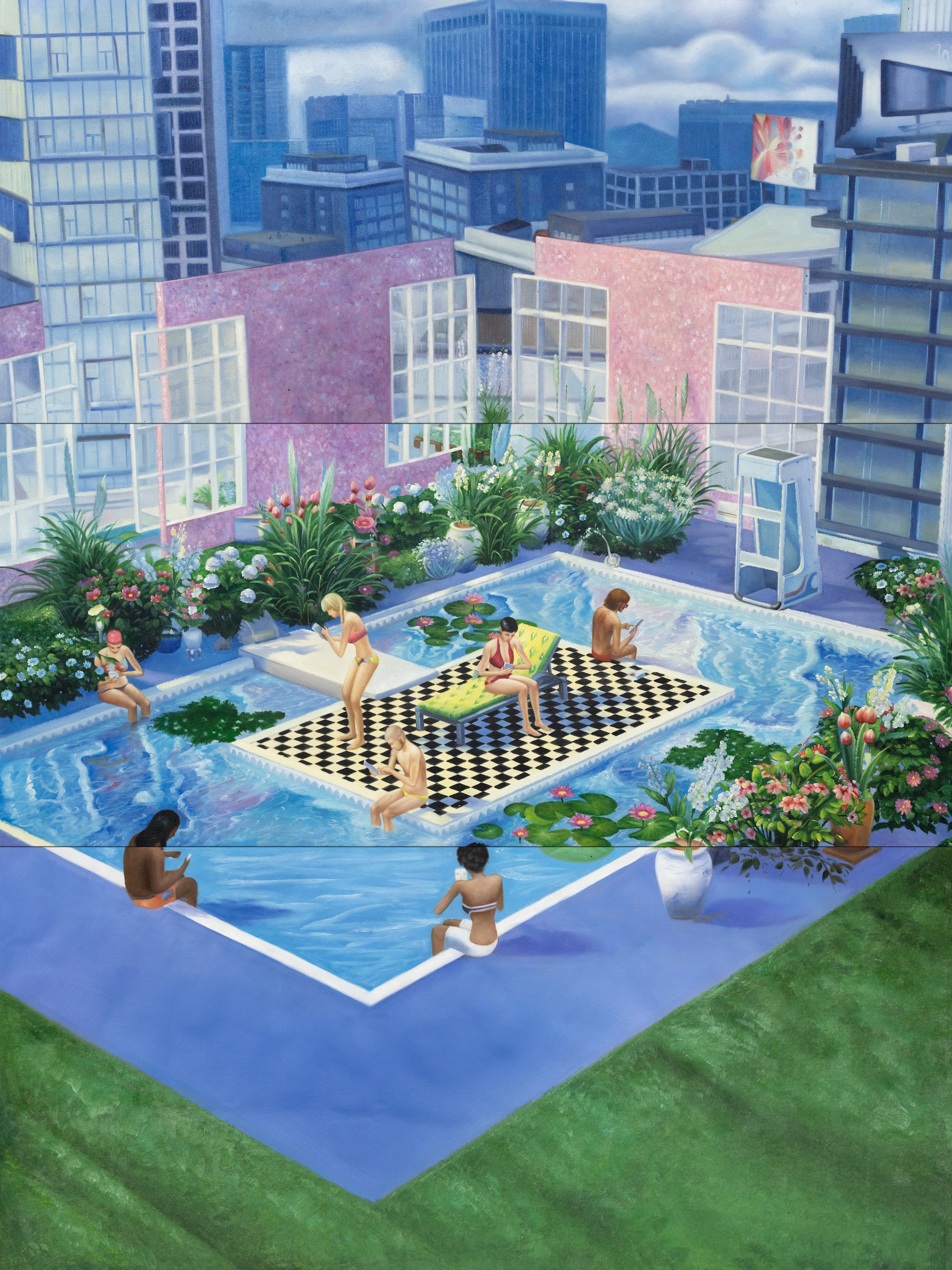 Mak2 Home Sweet Home: Doll House 1 , 2022 Oil and acrylic on canvas, triptych 200 x 150 cm 78.7 x 59.1 in © Mak2. Courtesy of the artist and de Sarthe Gallery. Included in Arte Collectum I.