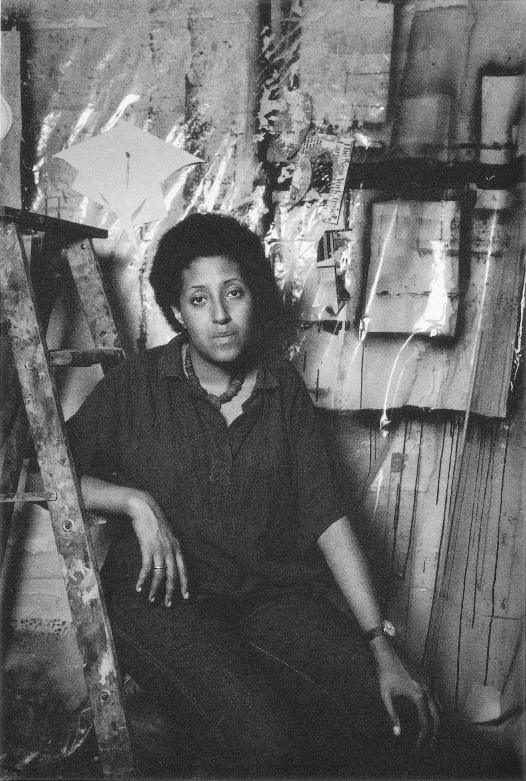 Howardena Pindell in her loft at 322 Seventh Ave, New York, 1979. Courtesy of the artist and Garth Greenan Gallery, New York. Photo by Lilo Raymond.