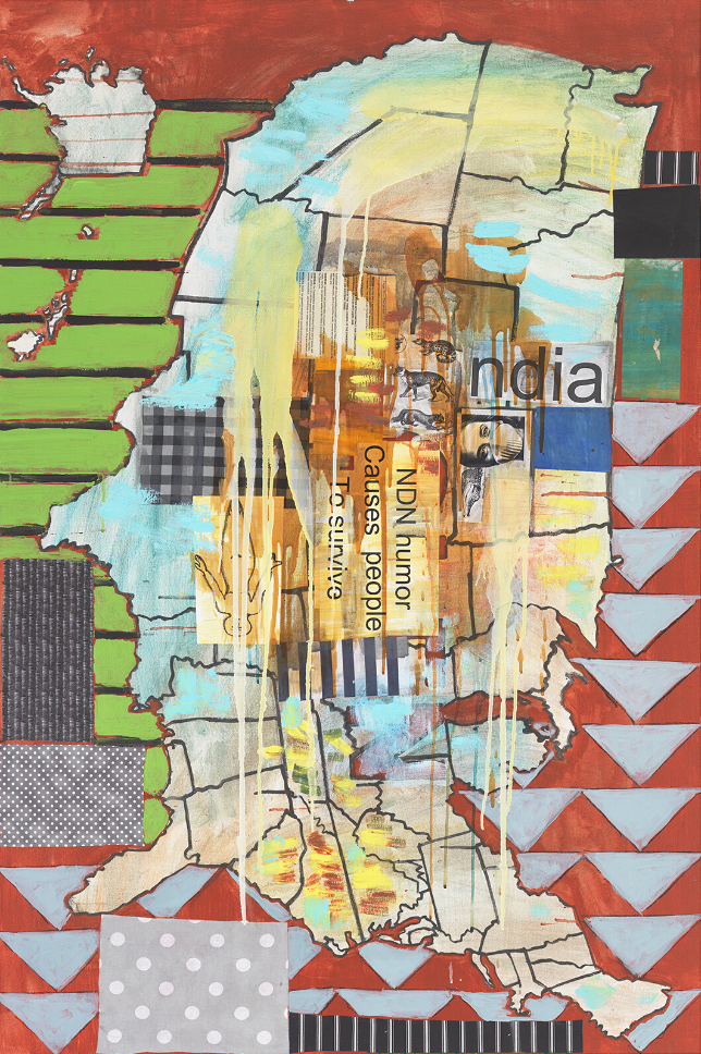 Jaune Quick-to-See Smith Survival Map , 2021 Acrylic, oil, and mixed media collage on canvas 152.4 x 101.6 cm 60 x 40 in © Jaune Quick-to-See Smith Estate. Courtesy of Garth Greenan Gallery. Included in Arte Collectum I.