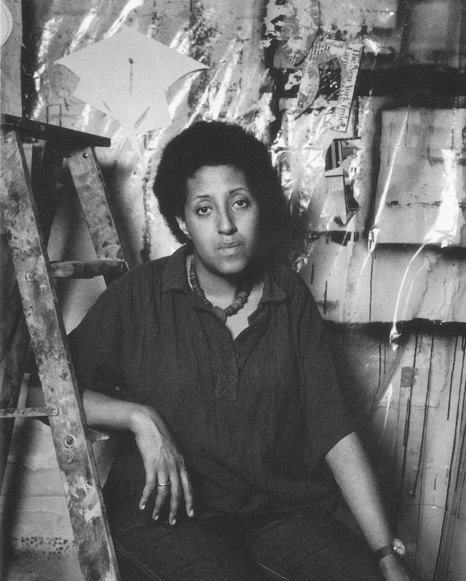 Howardena Pindell in her loft at 322 Seventh Ave, New York, 1979. Courtesy of the artist and Garth Greenan Gallery, New York. Photo by Lilo Raymond.