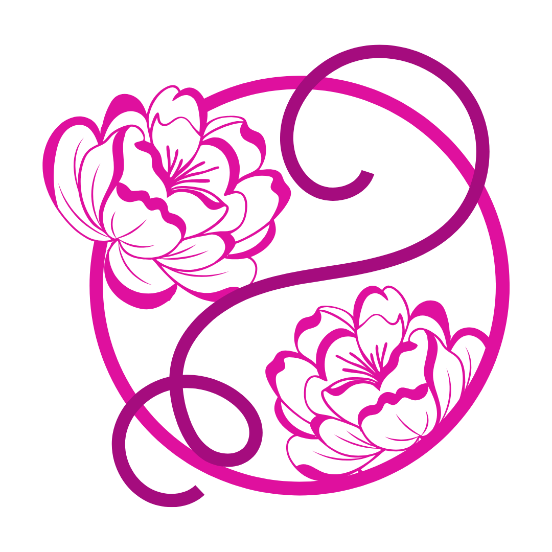 Stylized pink floral design on black background with swirling lines and two large flowers.