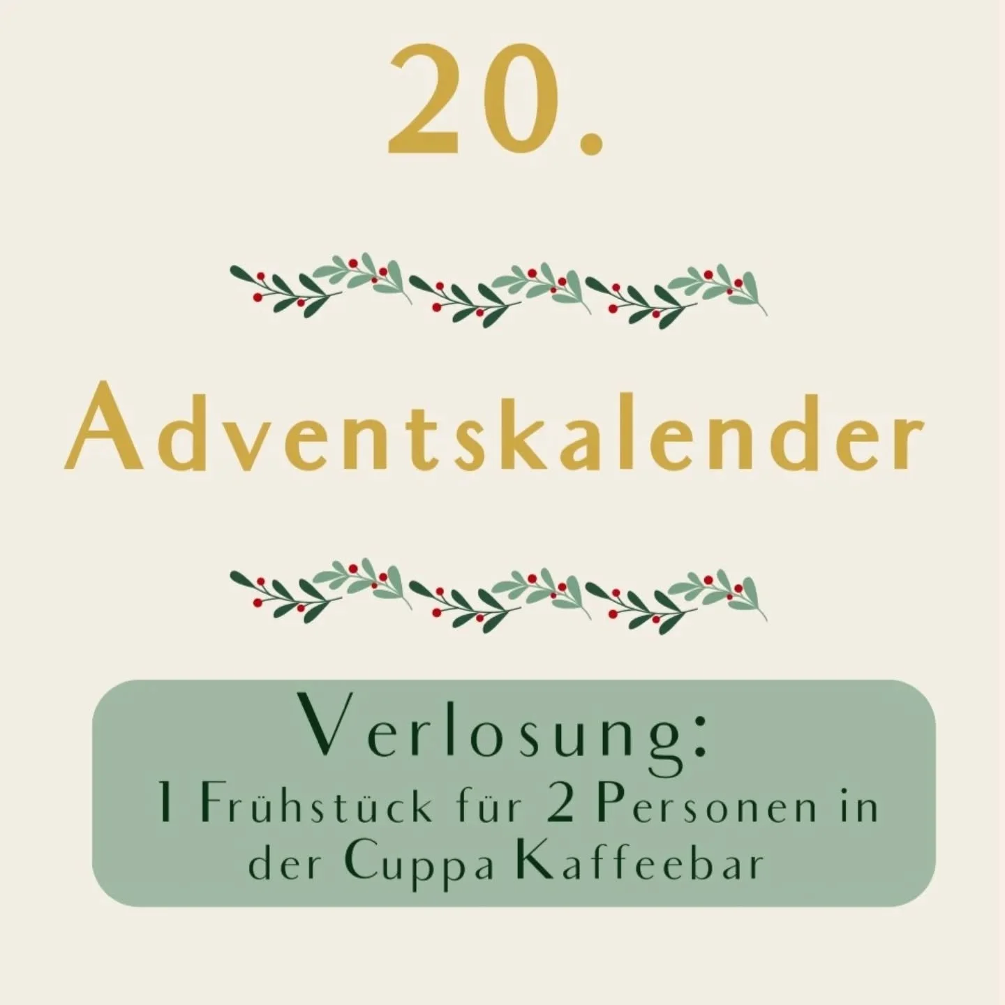 T&uuml;rchen 20 - So nimmst du Teil: Folge uns, und @cuppa.kaffeebar , und kommentiere, wen du zum Fr&uuml;hst&uuml;ck f&uuml;r 2 Personen mitnehmen m&ouml;chtest

Ende der Auslosung am (jeweils kommenden) Montag
