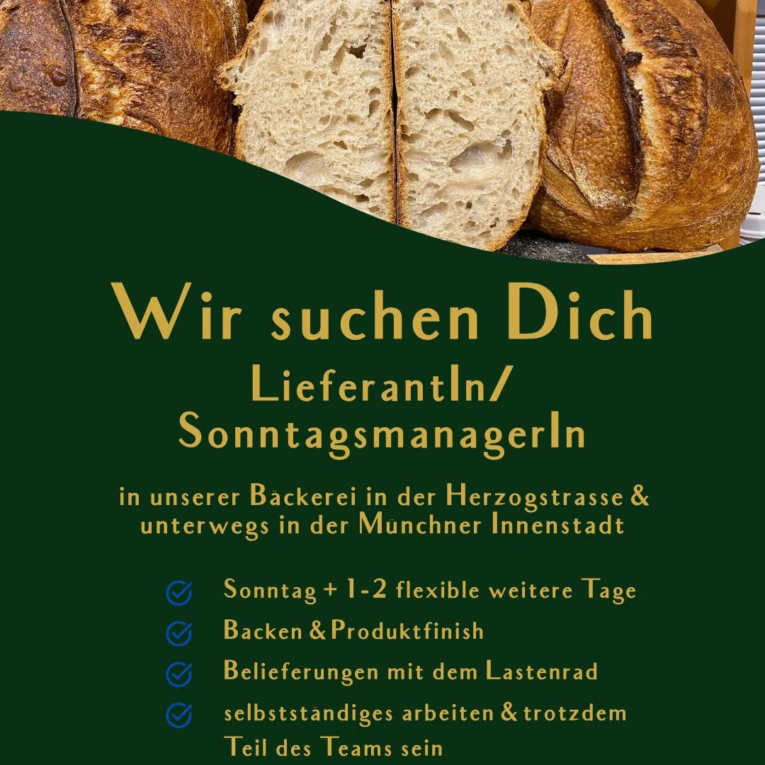 Fr&uuml;hestm&ouml;glicher Startzeitpunkt ist Mitte Mai, passend zur Sch&ouml;nwetter Saison 🌞

If you don't speak fluent german but your english is good, you are also very welcome to apply!

Bewerbungen an: info@brotraum.bio

#munich #munichjobs