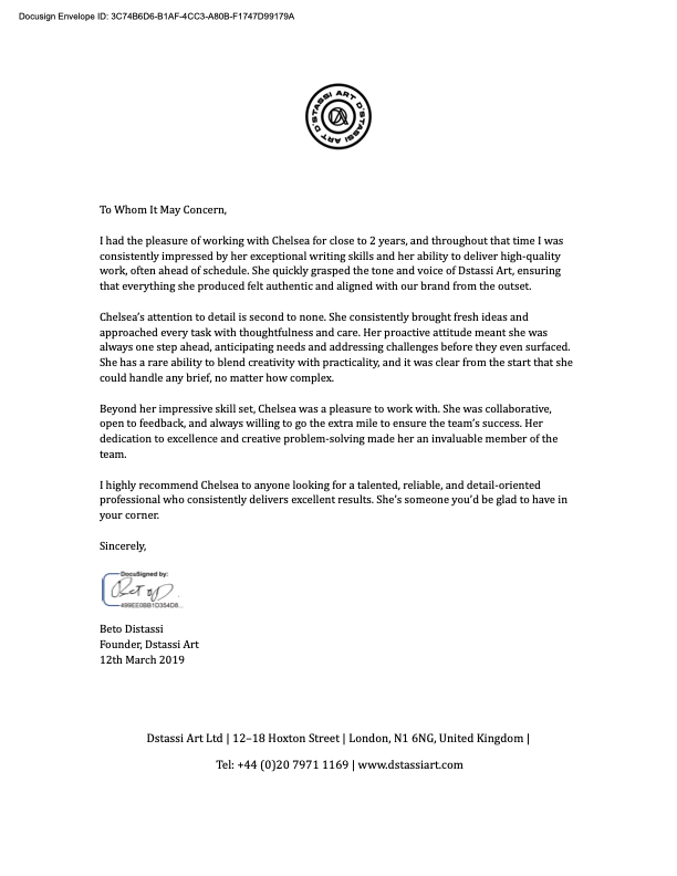 Letter of recommendation for Chelsea from Beto Distassi, discussing her exceptional skills, creativity, and professionalism at Dstassi Art, dated March 12, 2019.