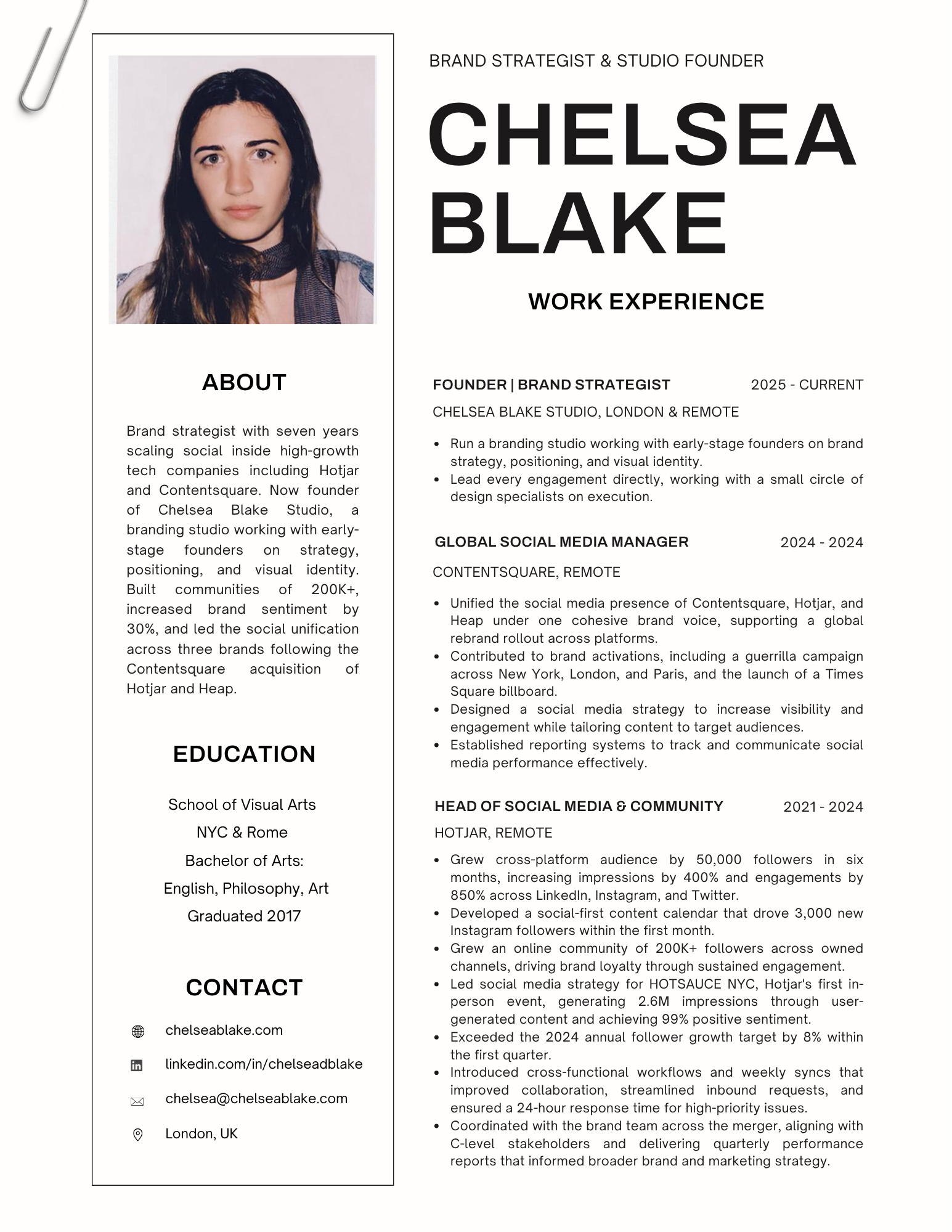 Experience of Chelsea Blake, a brand strategist and Chelsea Blake Studio founder, with sections including About, Education, Work Experience, and Contact information.