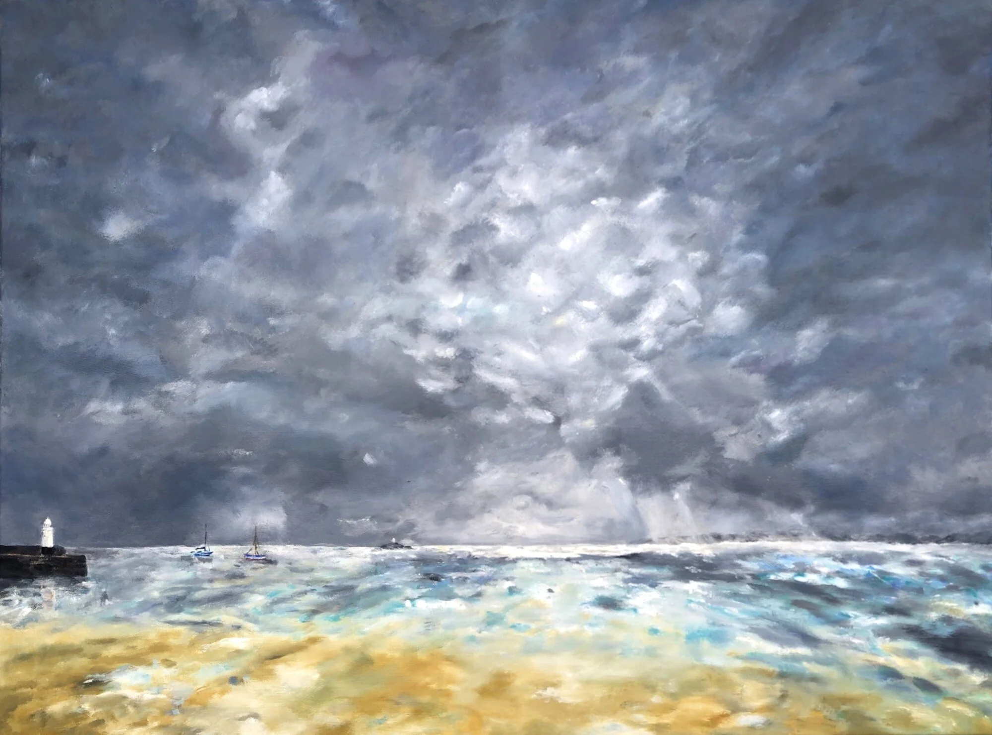 St Ives Harbour Cornwall. Warm Storm. Original Oil Painting by Rebecca Rodda.