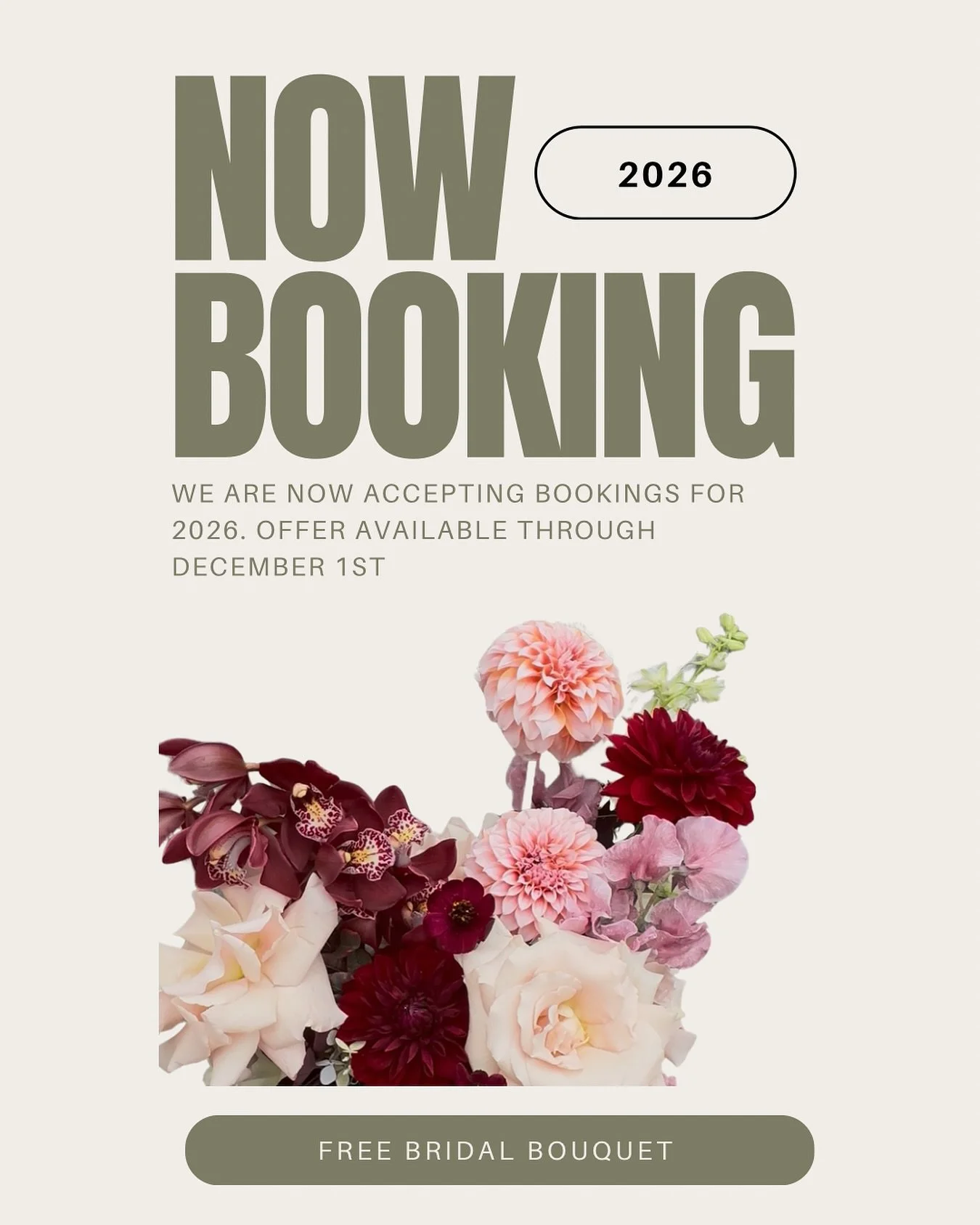 Now booking 2026 weddings 💌

Book your florals by December 1st and receive your bridal bouquet on us &mdash; a little gift from us to celebrate your &ldquo;I do.&rdquo;

Please submit your inquiry through our website &mdash; DMs aren&rsquo;t conside