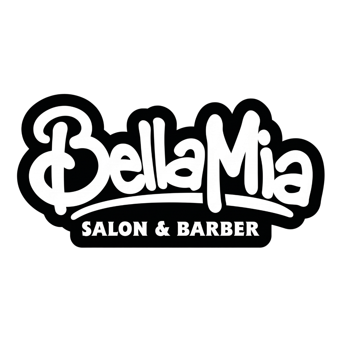 Logo for Bellamia Salon & Barber featuring stylized black and white text.
