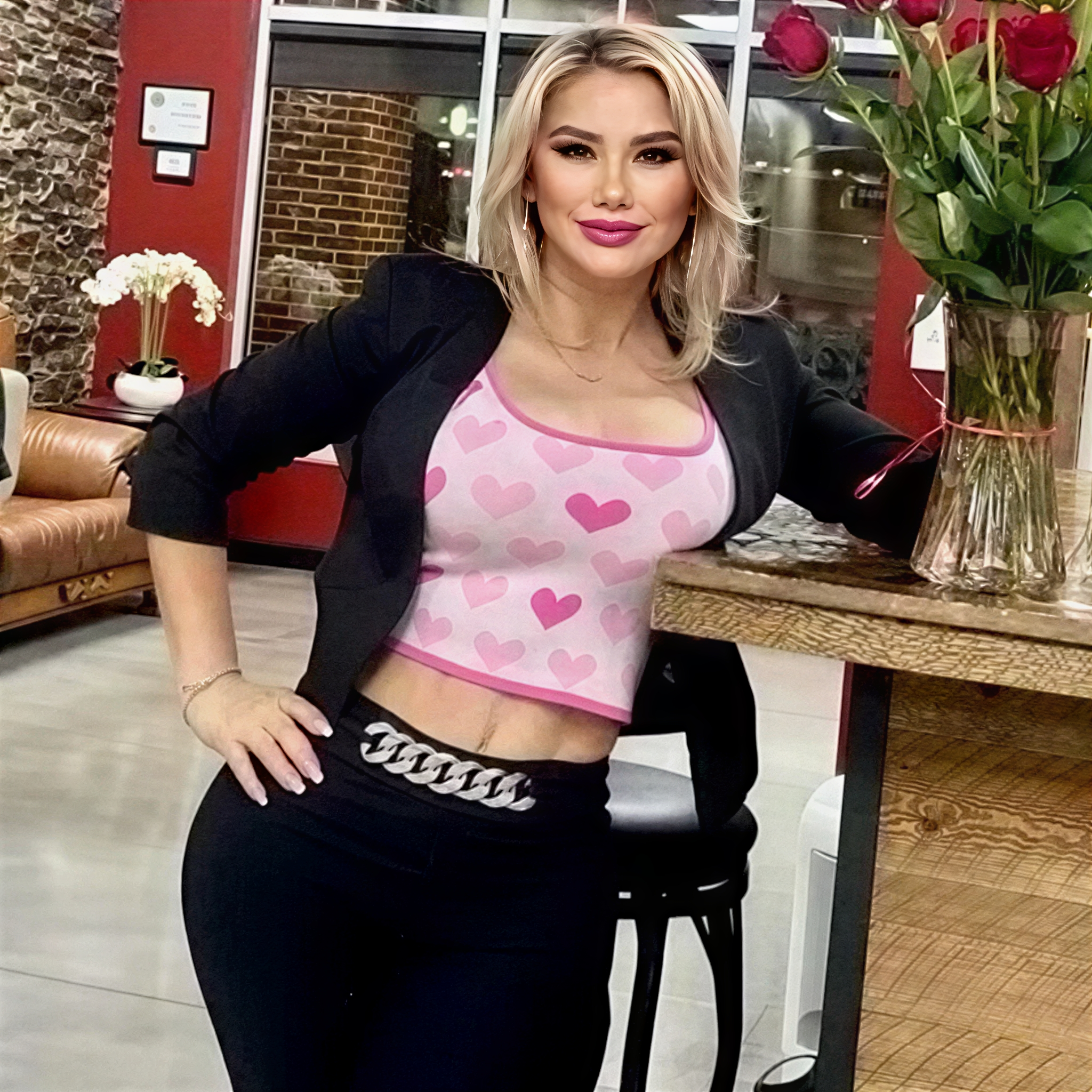 A young woman with blonde hair and makeup, wearing a pink heart-patterned top and black blazer, standing in a restaurant or cafe with brick walls, plants, and framed art or menu on the wall behind her.