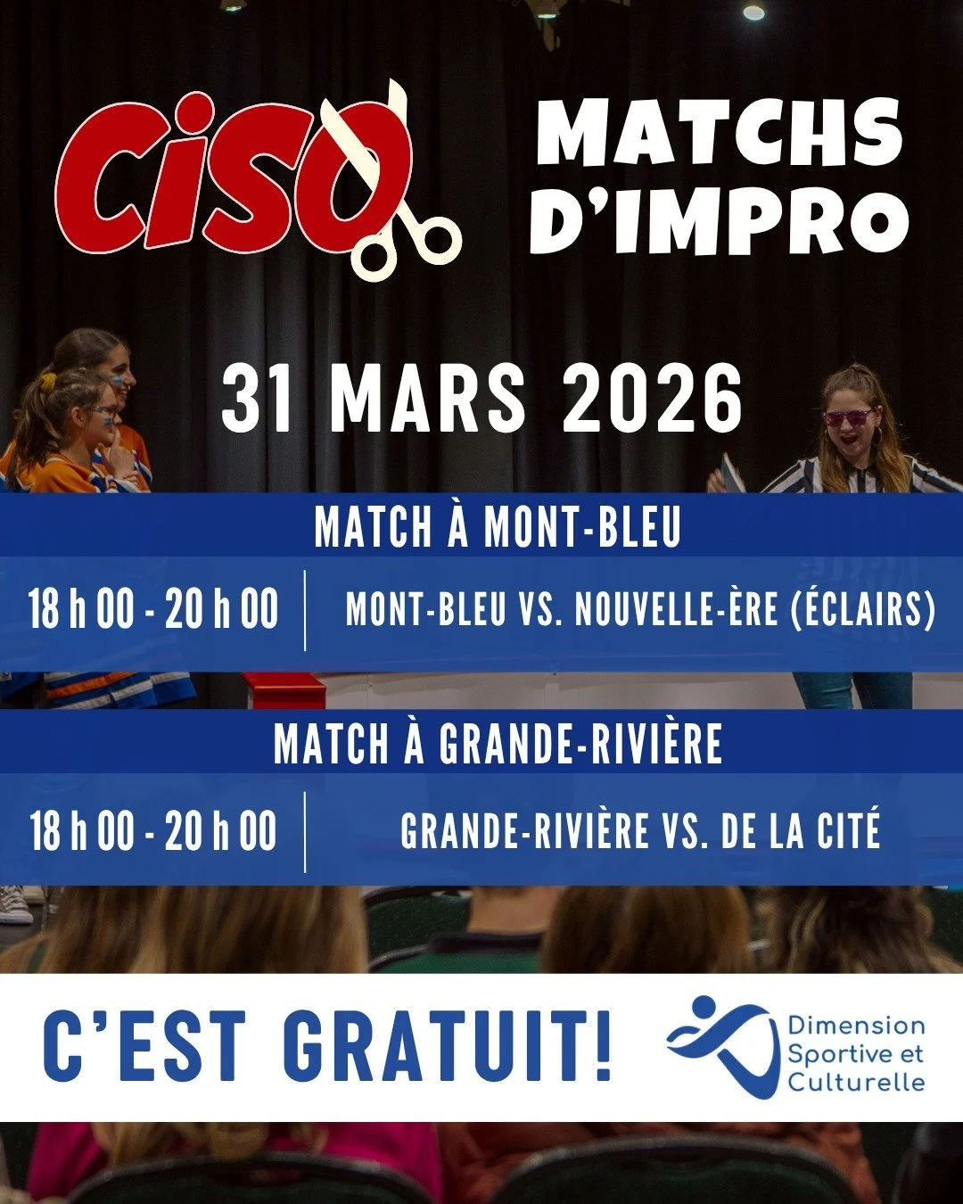 📣Matchs d'Improvisation📣
Match PAPIER 1: Mont-Bleu vs. Nouvelle-&Egrave;re (&Eacute;clairs)
Match PAPIER 2: Grande-Rivi&egrave;re vs. De la Cit&eacute;