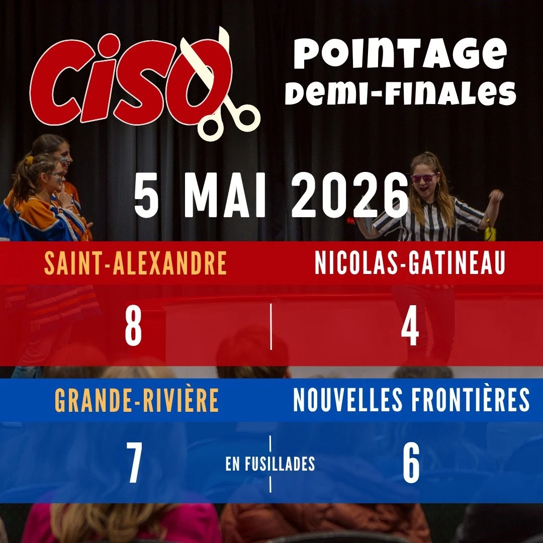 🌟 DEMI-FINALES 🌟
5 mai 2026
-
L'&eacute;quipe de Saint-Alexandre et celle de Grande-Rivi&egrave;re s'affronteront ce vendredi &agrave; la Maison du Citoyen pour la grande finale du 2e cycle !
