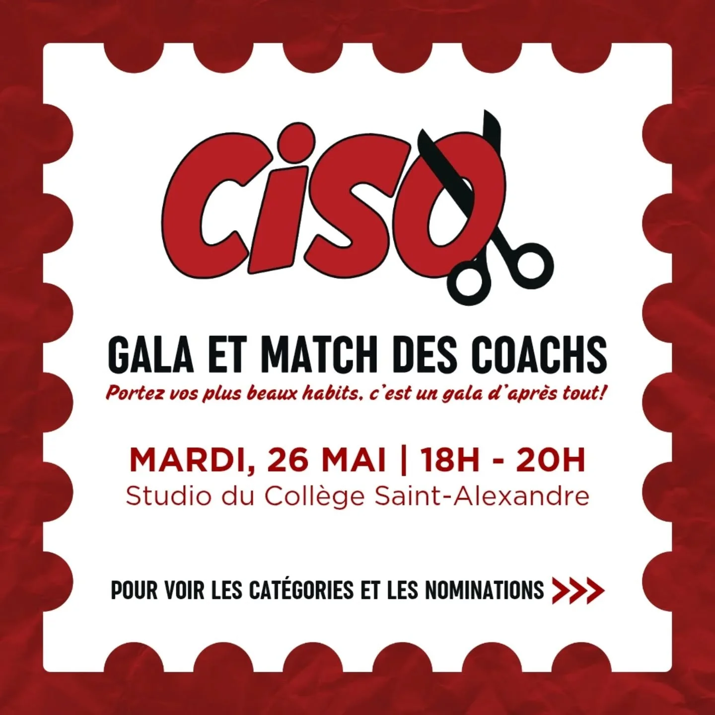 🌟Gala du CISO 2026🌟
26 mai au Coll&egrave;ge Saint-Alexandre - 18h00 &agrave; 20h00

Nous sommes tr&egrave;s heureux de vous d&eacute;voiler les personnes nomin&eacute;es pour le c&eacute;l&egrave;bre Gala du CISO!

🔨 Joueur.euse Marteau s'est d&e