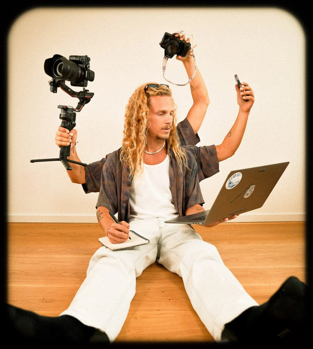 Creative Producer with Laptop, Gimbal, Camera, Phone and Notepad