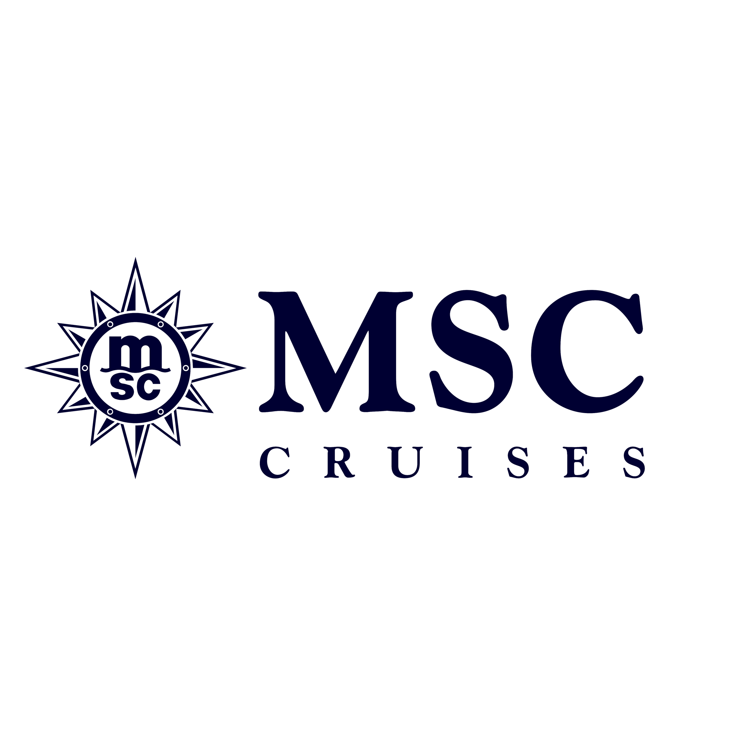Logo of MSC Cruises with a navy blue starburst emblem on the left and the company name in navy blue text.