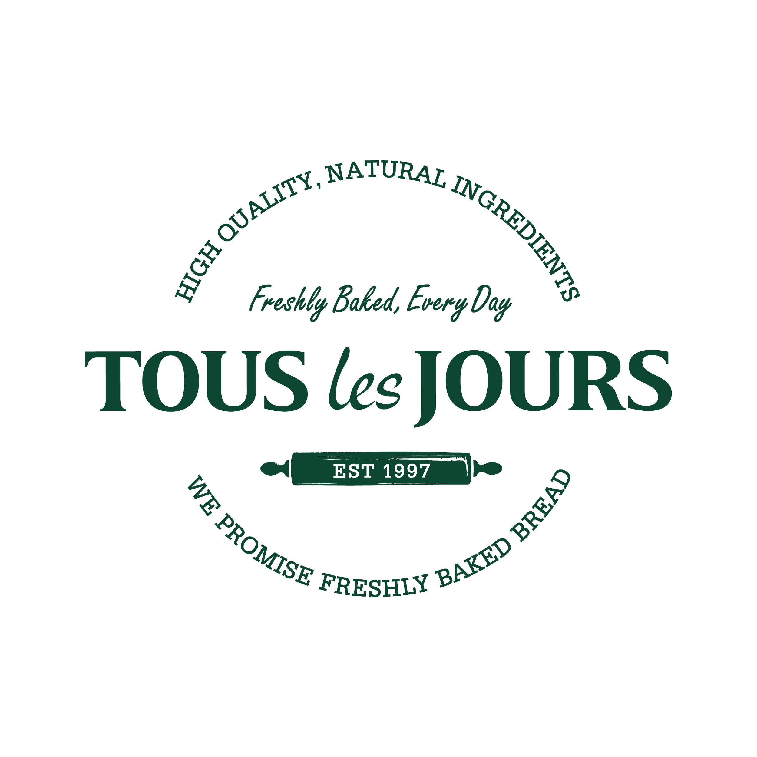 A logo for Tous les Jours bakery featuring green text and a rolling pin illustration, highlighting high-quality, natural ingredients, freshly baked bread since 1997.