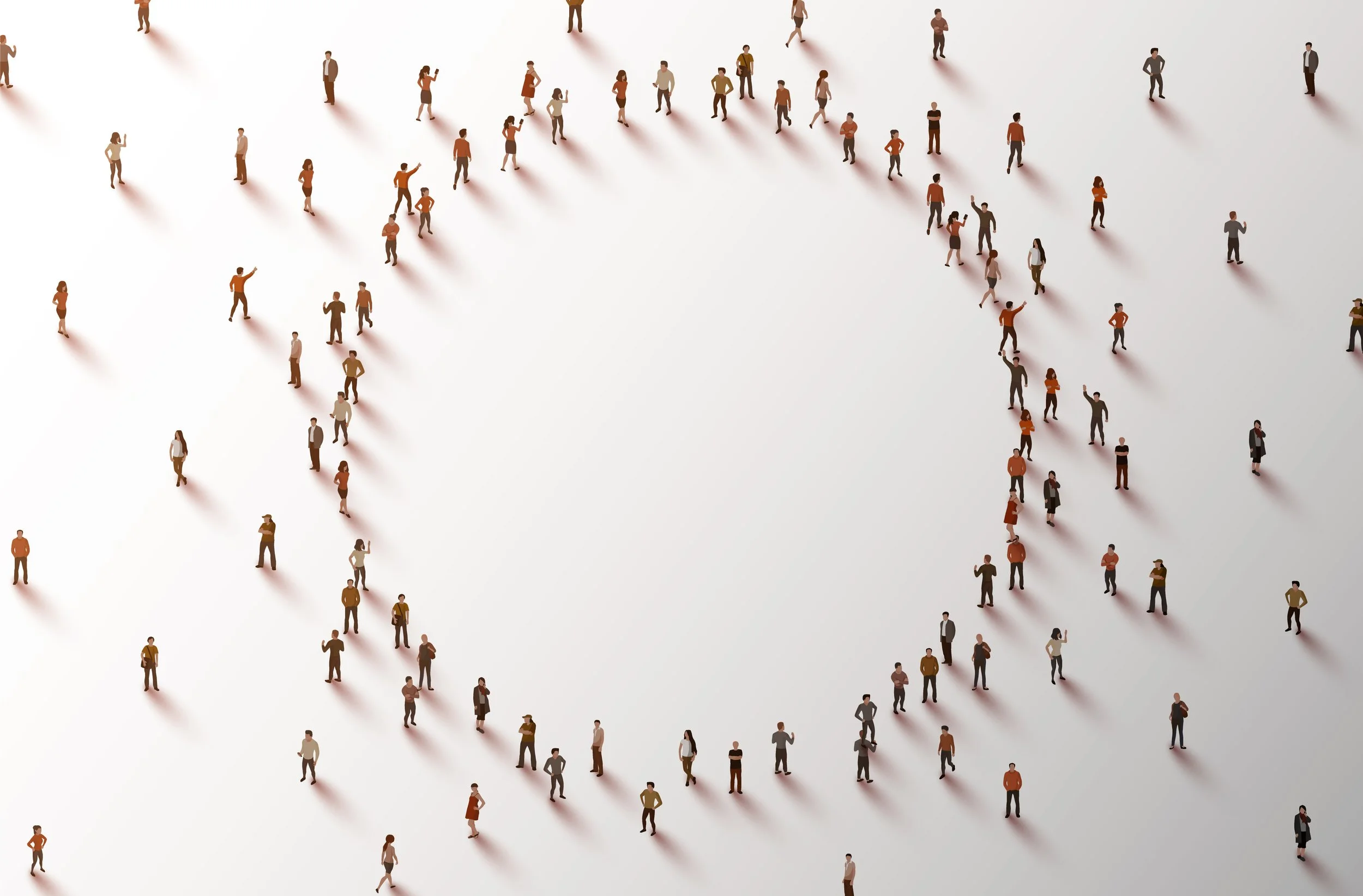A large group of diverse people standing and walking on a white surface, forming the shape of a globe with continents.