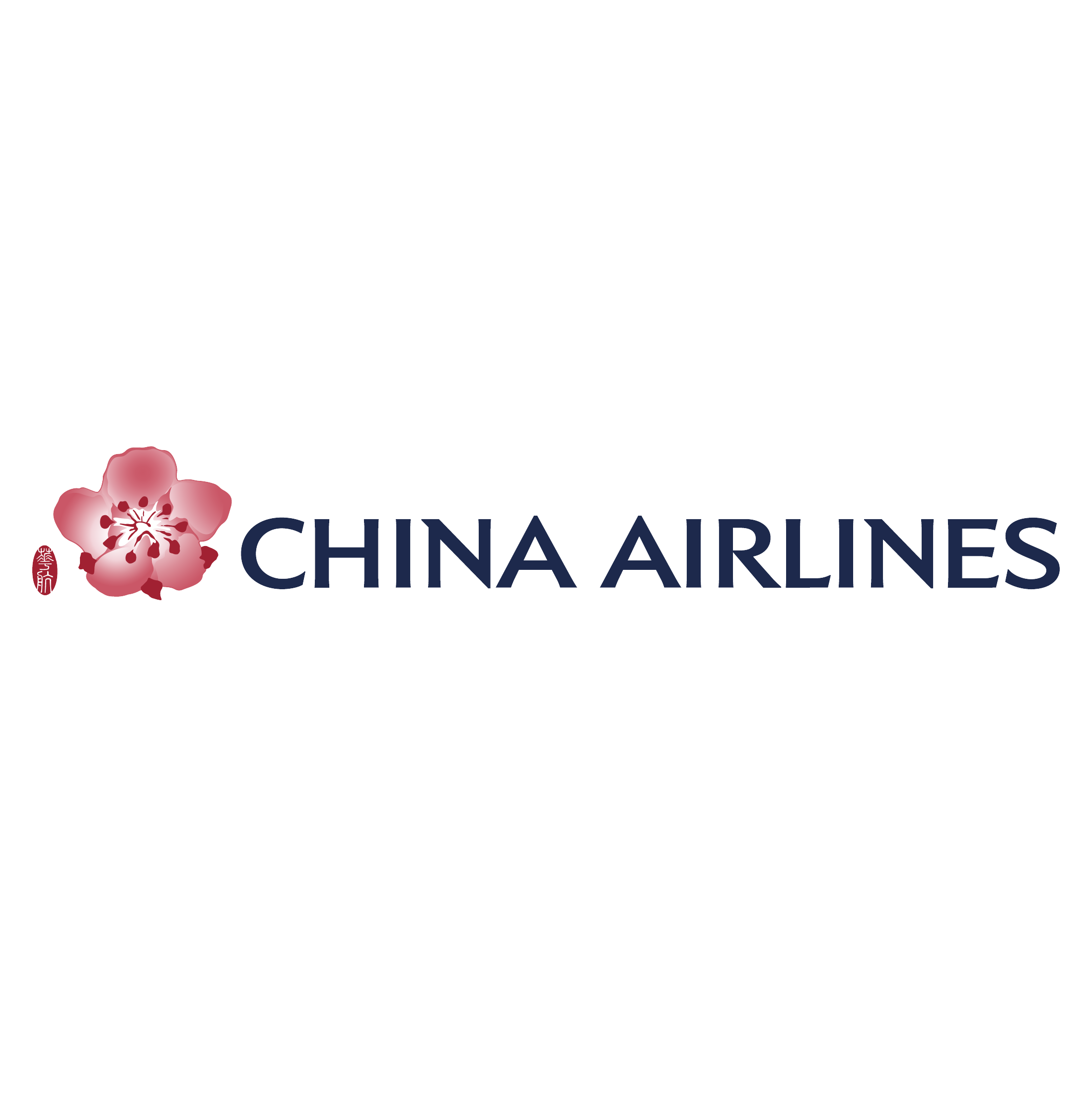 Logo of China Airlines with a pink cherry blossom flower and Chinese seal on a white background.