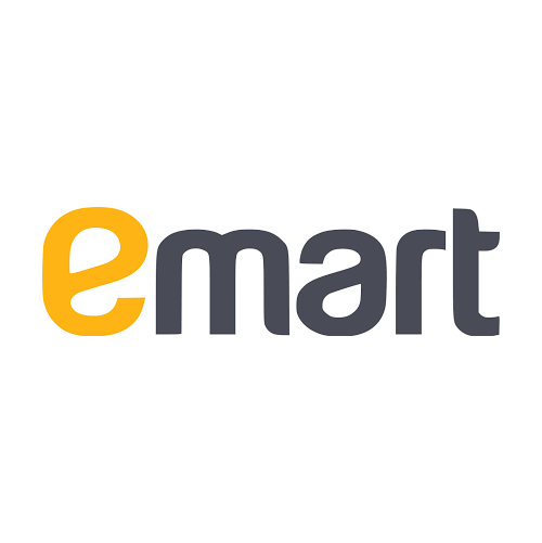 The e-mart logo with a yellow lowercase 'e' and dark gray lowercase 'mart' on a white background.