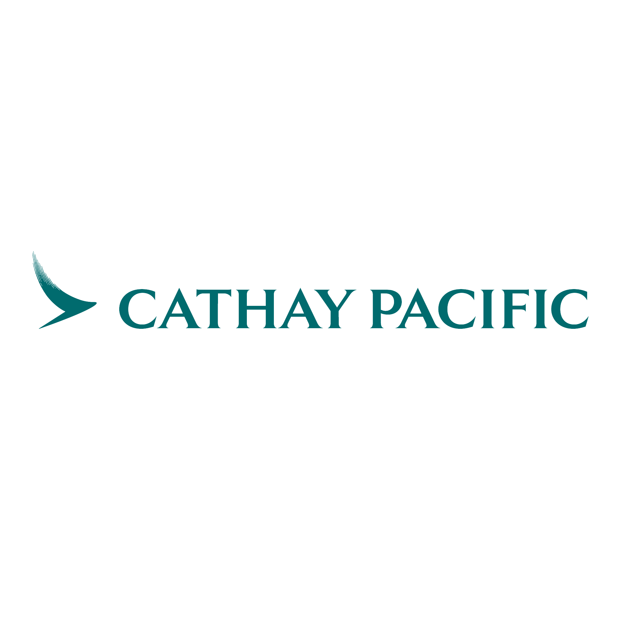 Logo of Cathay Pacific airline with a teal brush stroke and the airline's name in teal text.