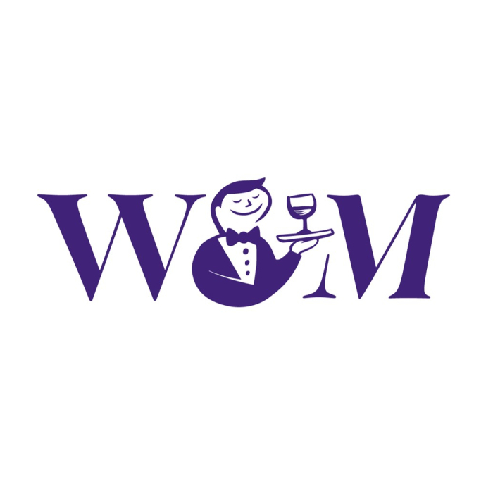 The word 'WOM' with the letter 'O' replaced by a cartoon illustration of a person in a tuxedo holding a wine glass.