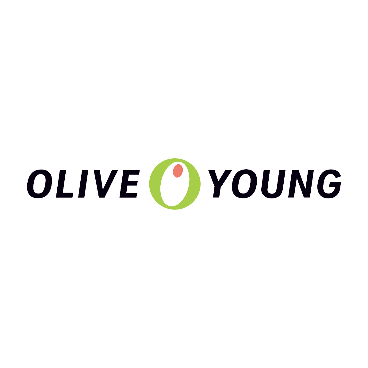 Logo for Olive Young featuring the words 'OLIVE' and 'YOUNG' with a stylized olive in between, which has a light green outline, white interior, and a small pink seed at the top.