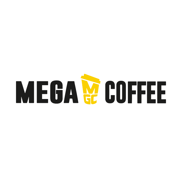 Logo for Mega Coffee featuring bold black text and a yellow coffee cup with the letters MGC inside.