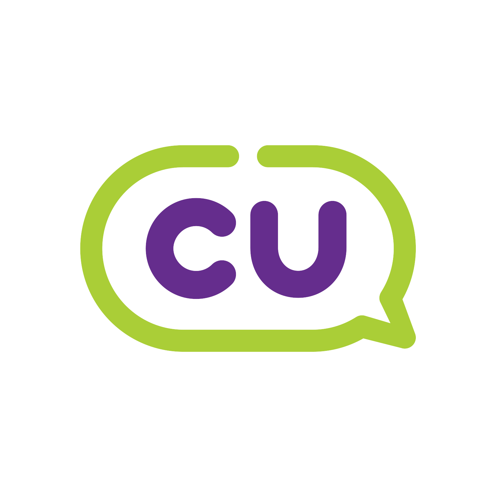 Speech bubble logo with purple letters CU inside, outlined in green.