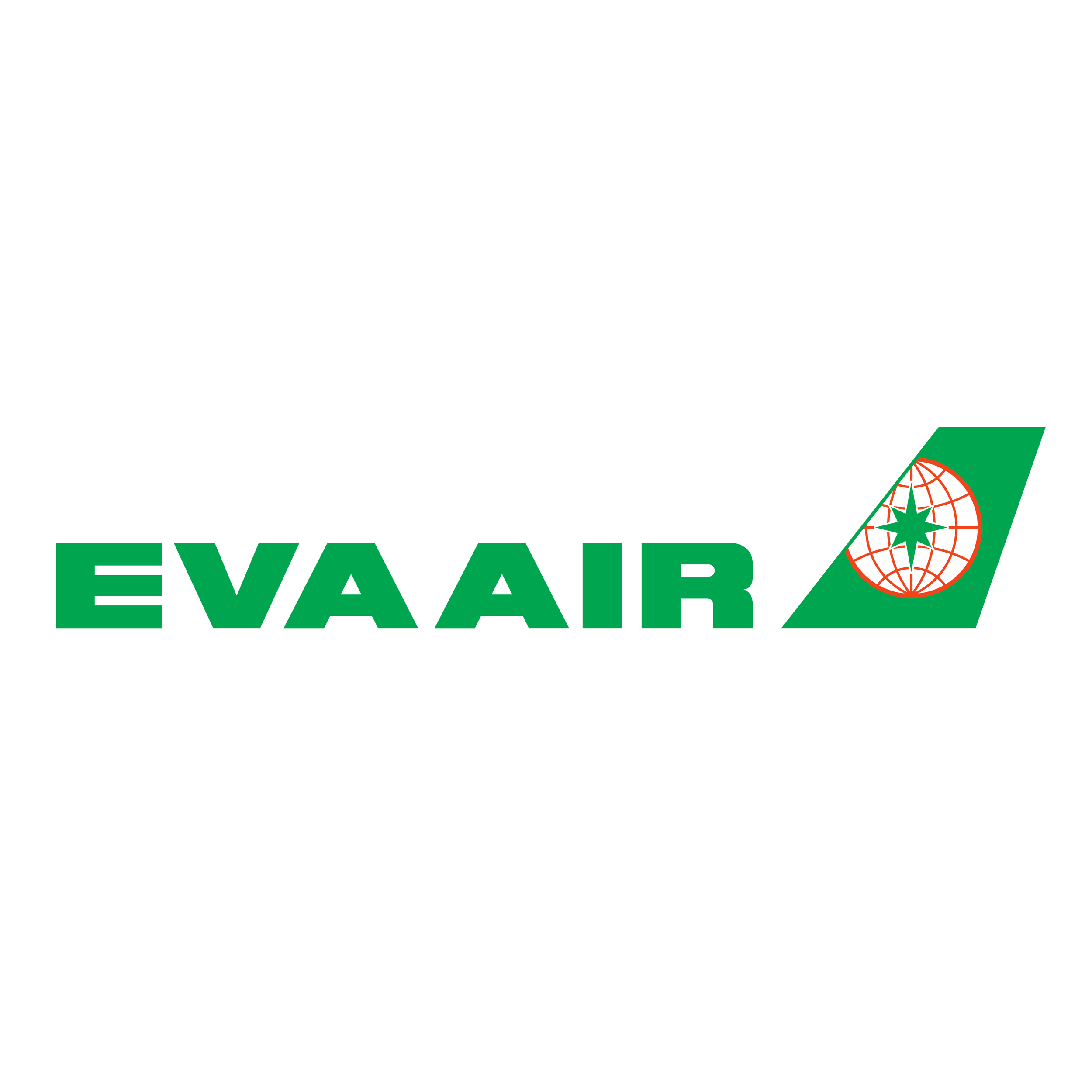 Logo of EVA Air with green and red design, featuring a globe with a star in the center.