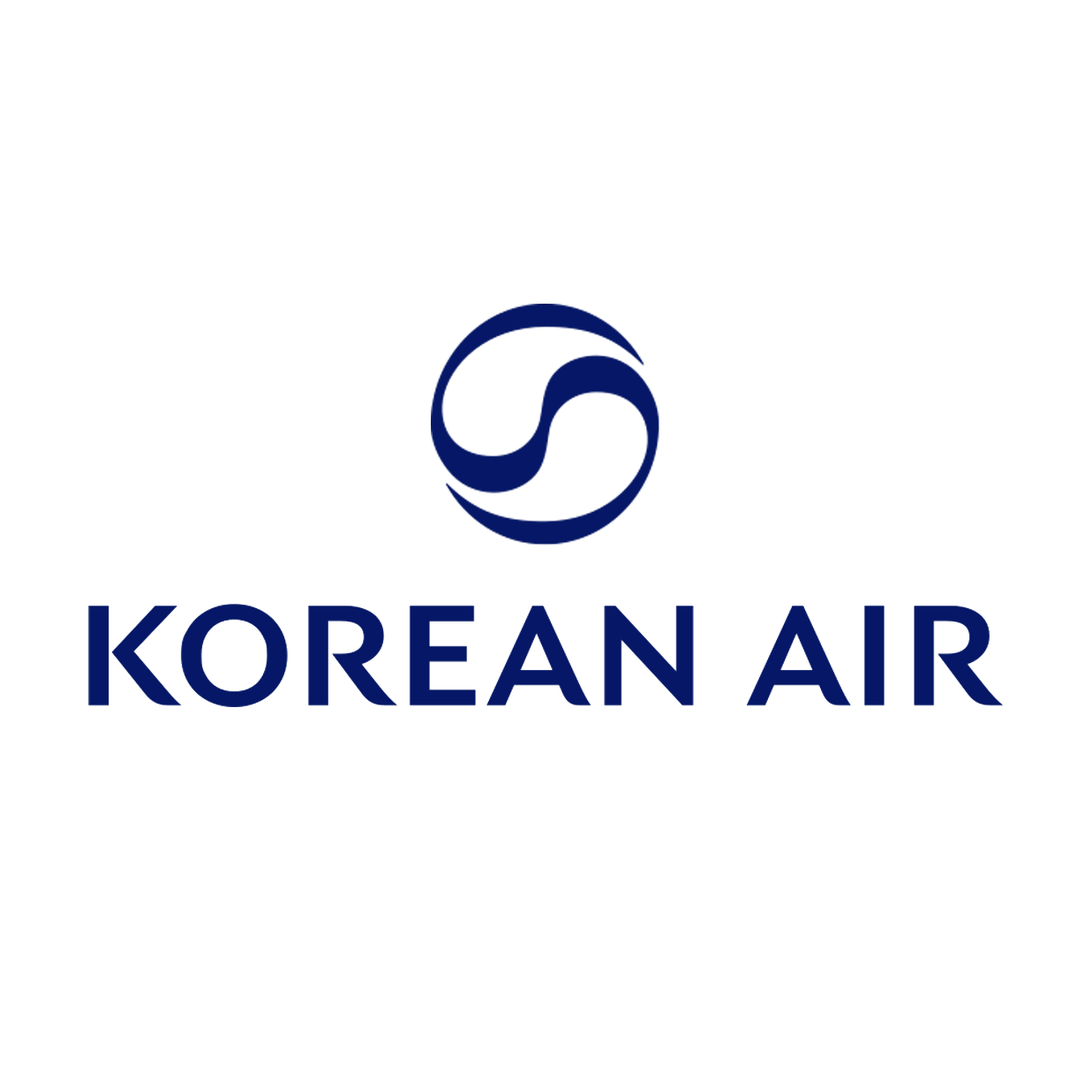 Korean Air logo with a blue circular emblem and the words "Korean Air" in blue capital letters.