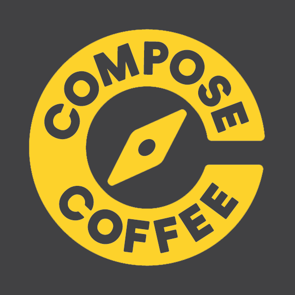 Yellow circular logo with a black arrow compass in the center, and the words 'Compose Coffee' curved around the circle.